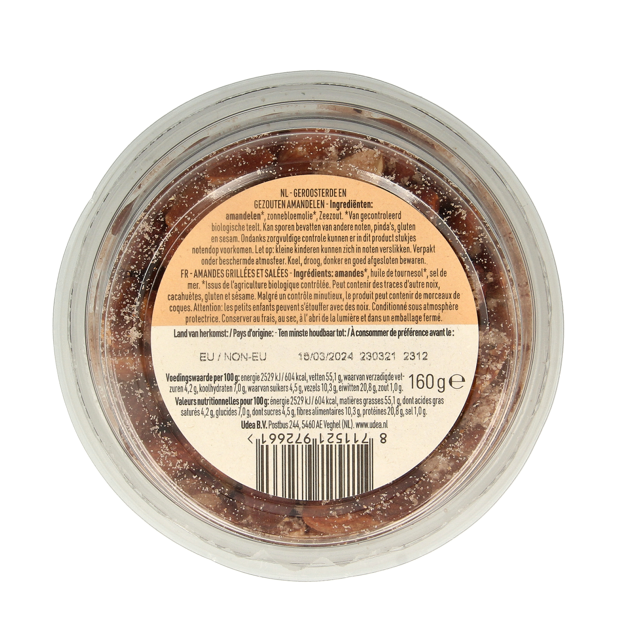 Roasted salted organic brown almonds in a bowl, healthy snack from Nice & Nuts, 160g package.