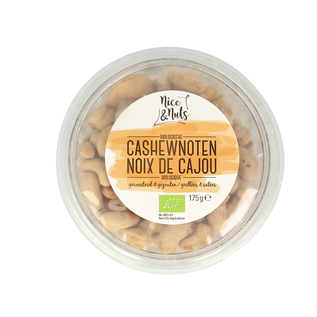Roasted organic cashew nuts with sea salt from Nice & Nuts, 175 grams, in a close-up image showing the salted cashews