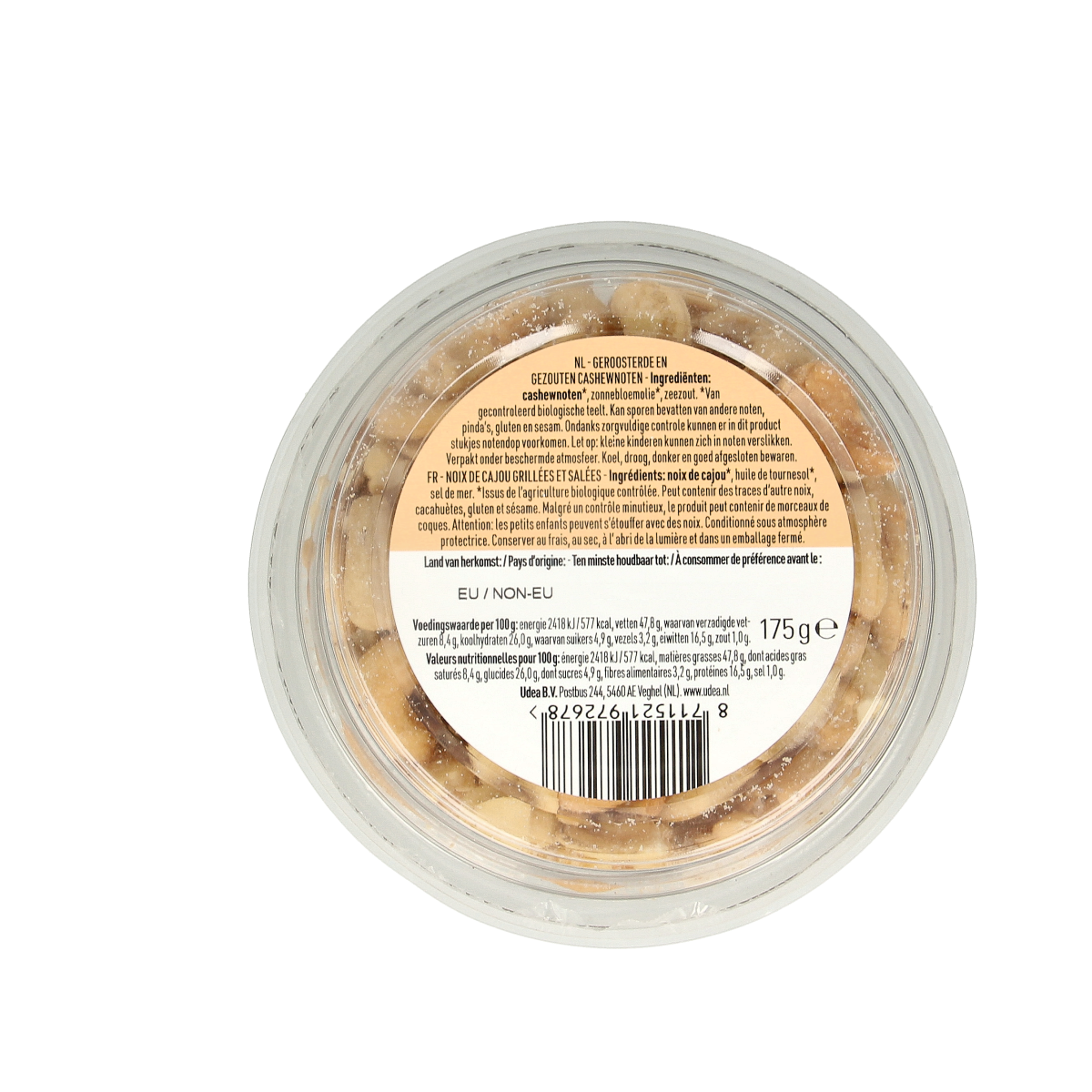 Roasted organic cashew nuts with sea salt in a bowl, from Nice & Nuts, 175 grams, snack and trail mix product.