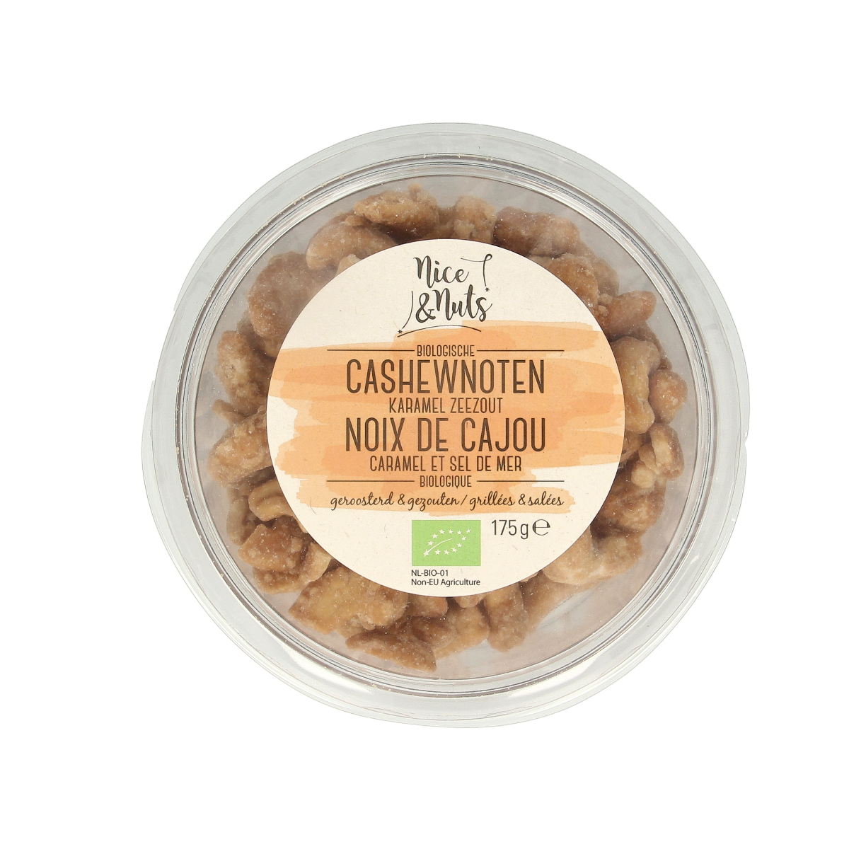 Roasted organic caramel sea salt cashew nuts from Nice & Nuts, 175g, showing glossy caramel-coated cashews with sea salt crystals.