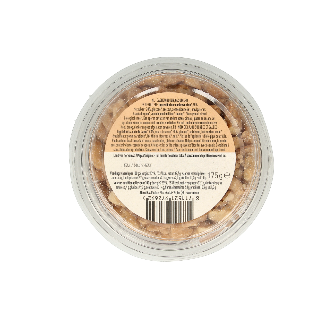 Roasted organic salted caramel cashew nuts in a 175g package by Nice & Nuts, perfect for snacks and healthy indulgence.