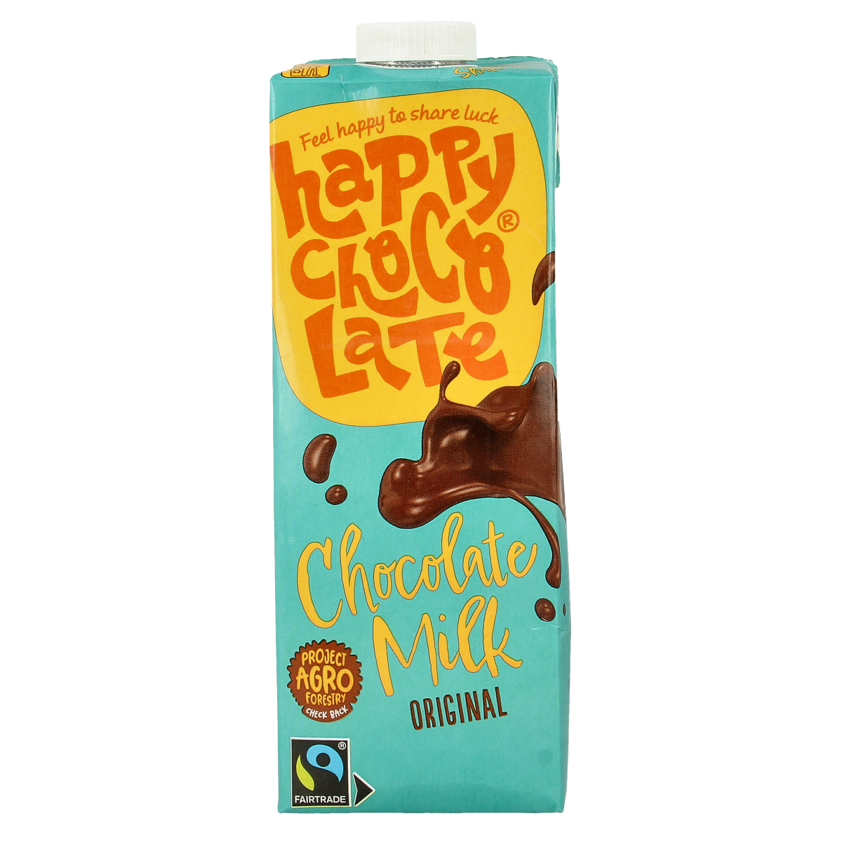 Bottle of Happy Chocolate organic chocolate milk in a 1-liter container, featuring the Happy Chocolate branding and label.
