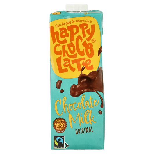 Bottle of Happy Chocolate organic chocolate milk in a 1-liter container, featuring the Happy Chocolate branding and label.