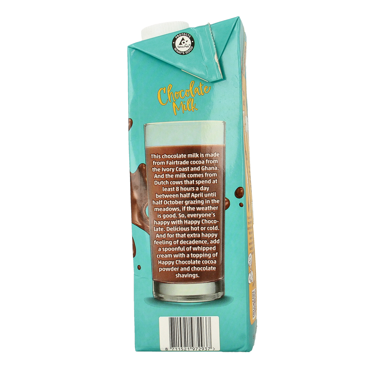 Happy Chocolate bio chocolate milk in a 1-liter bottle, creamy and rich, ideal for drinking or cooking.