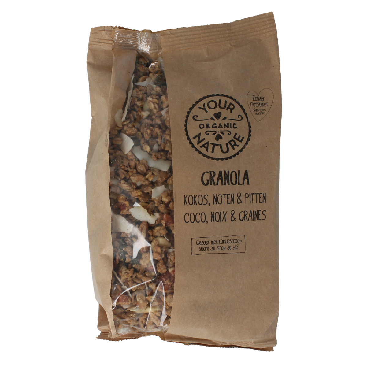 Organic Your Organic Nature Granola kokos noot pit in a 375g package, featuring toasted oats, coconut, and nuts for breakfast.