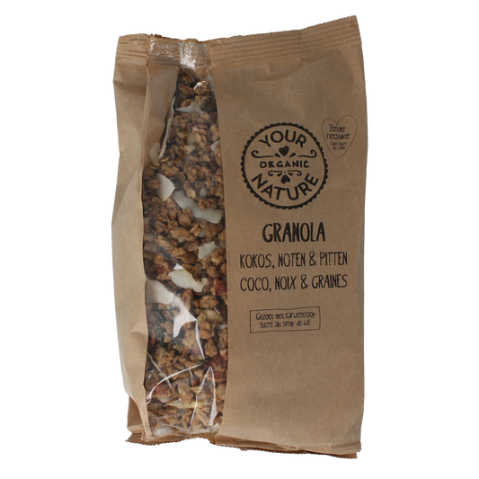 Organic Your Organic Nature Granola kokos noot pit in a 375g package, featuring toasted oats, coconut, and nuts for breakfast.