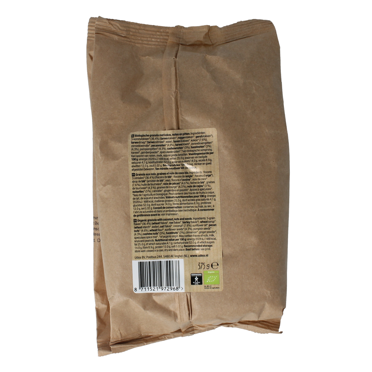Organic Your Organic Nature Granola kokos noot pit breakfast cereal in a 375g package, featuring coconut and nuts.