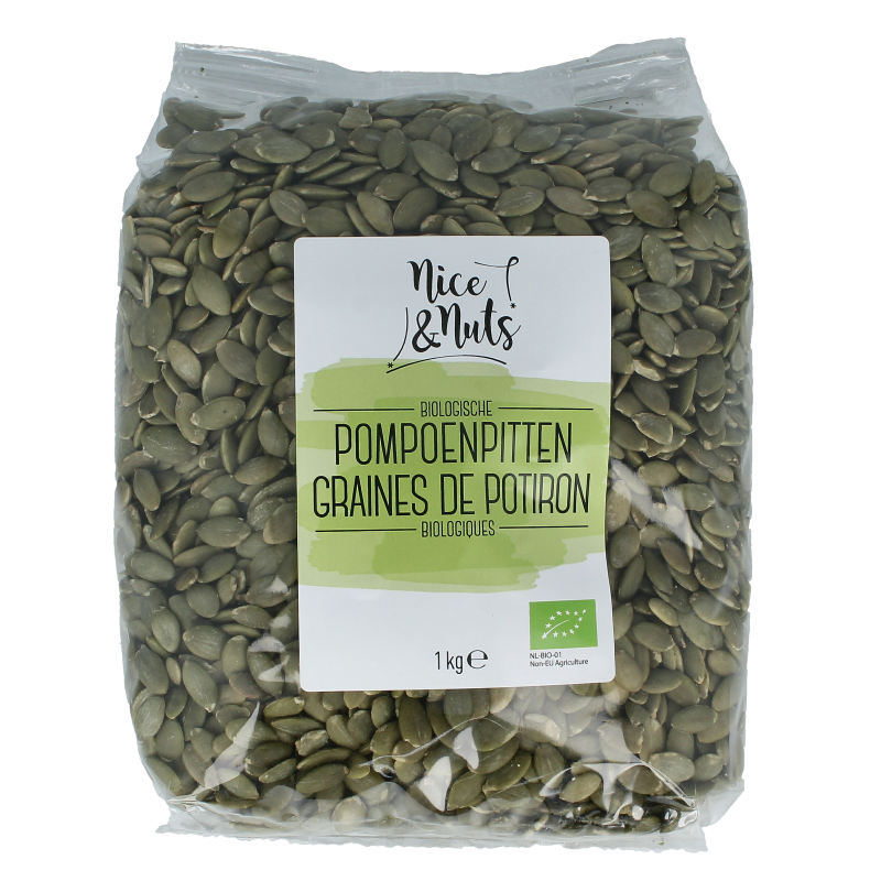 Organic Nice & Nuts pumpkin seeds in a 1kg bag, raw superfood snack with greenish pumpkin seeds visible in the image.