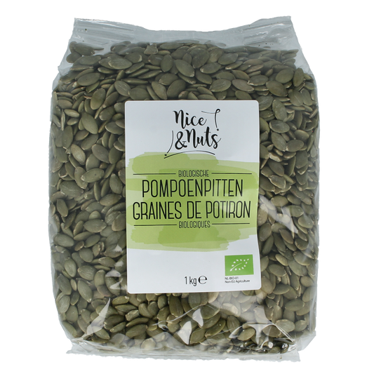 Organic Nice & Nuts pumpkin seeds in a 1kg bag, raw superfood snack with greenish pumpkin seeds visible in the image.