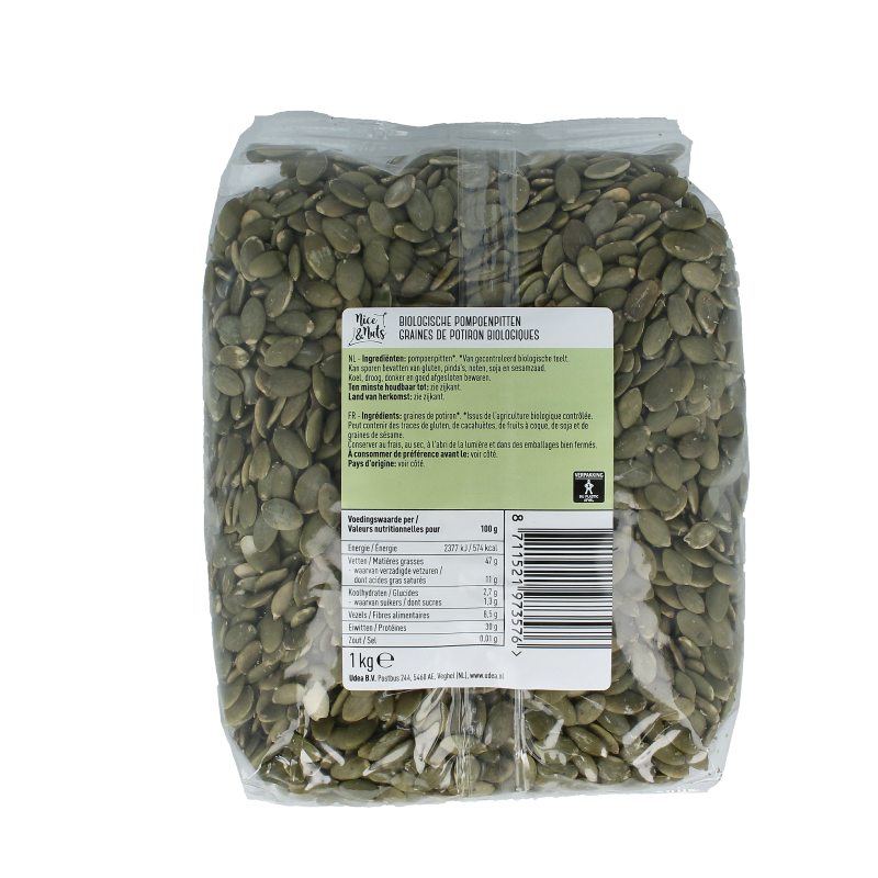Organic Nice & Nuts pumpkin seeds in a 1kg bag, raw superfood, close-up of green pumpkin seeds on a neutral background.