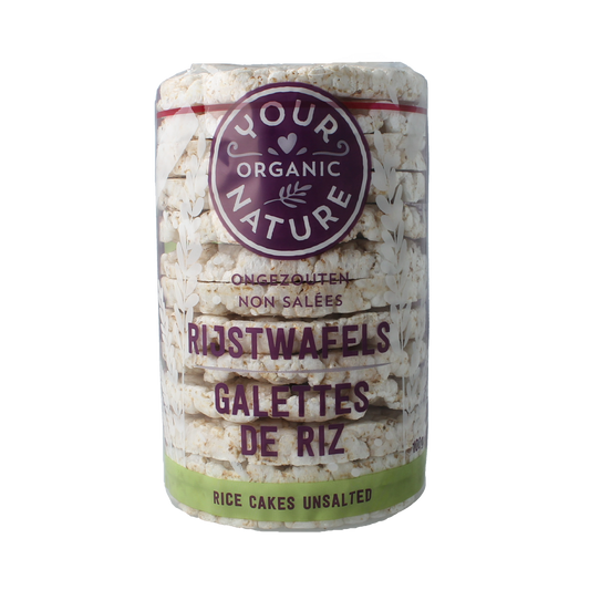 Unopened package of Your Organic Nature organic unsalted rice cakes in 100g, displaying the product label and packaging.