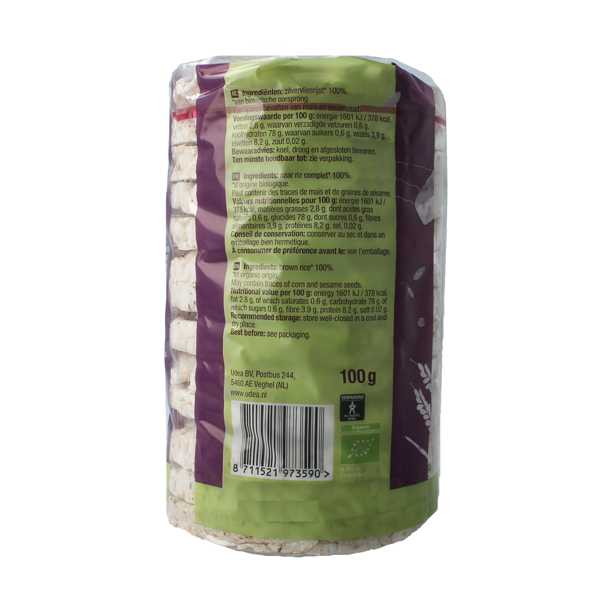 Ungezouten bio rijstwafels van Your Organic Nature, 100g, in een heldere verpakking, geschikt als gezond snack of ontbijt.
