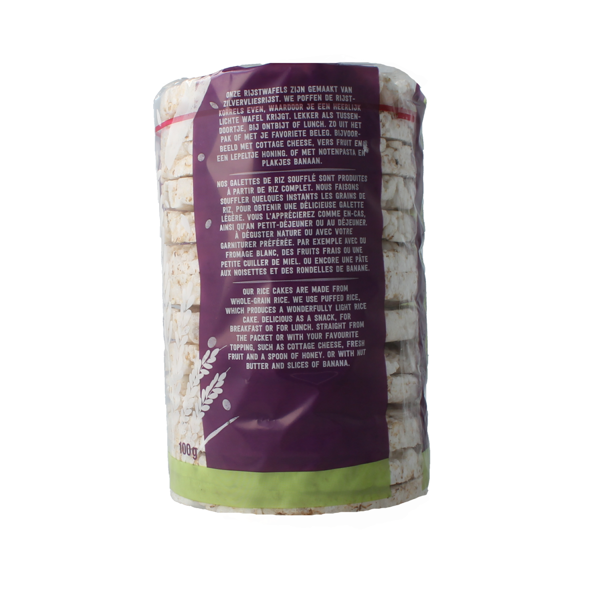 Unlabeled organic plain rice cakes from Your Organic Nature, 100 grams, crispy, unseasoned, whole grain snack, thin and round.