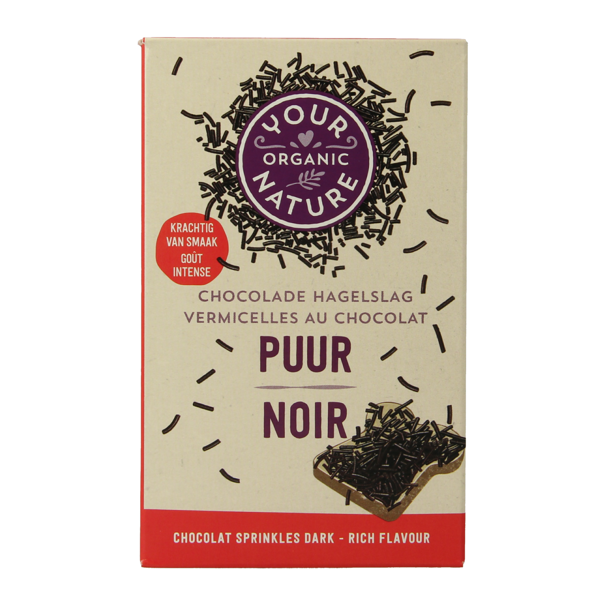 Organic Your Organic Nature Hagelslag puur bio broodbeleg, 225g, dark chocolate sprinkles spread on bread.