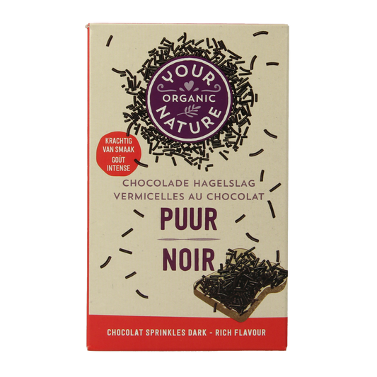 Organic Your Organic Nature Hagelslag puur bio broodbeleg, 225g, dark chocolate sprinkles spread on bread.