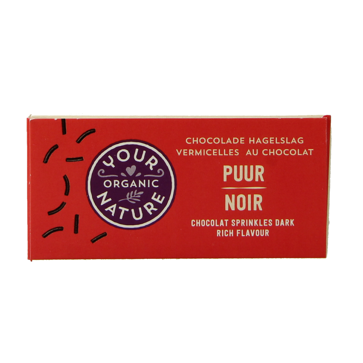 Your Organic Nature organic pure cocoa sprinkles for bread, 225g, shown spread on a slice of bread as broodbeleg