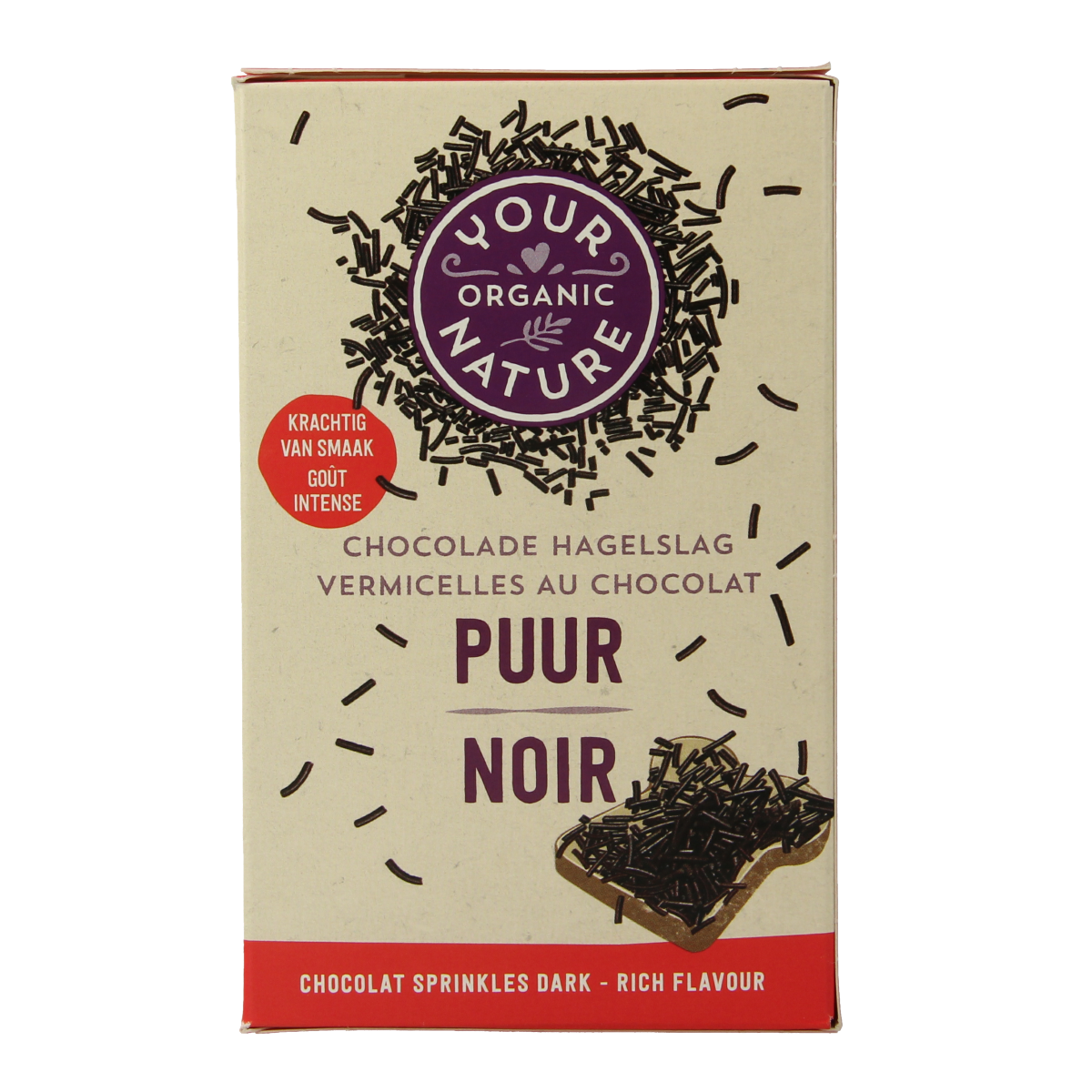Your Organic Nature pure organic chocolate sprinkles on bread, 225g broodbeleg, natural and wholesome topping for breakfast.