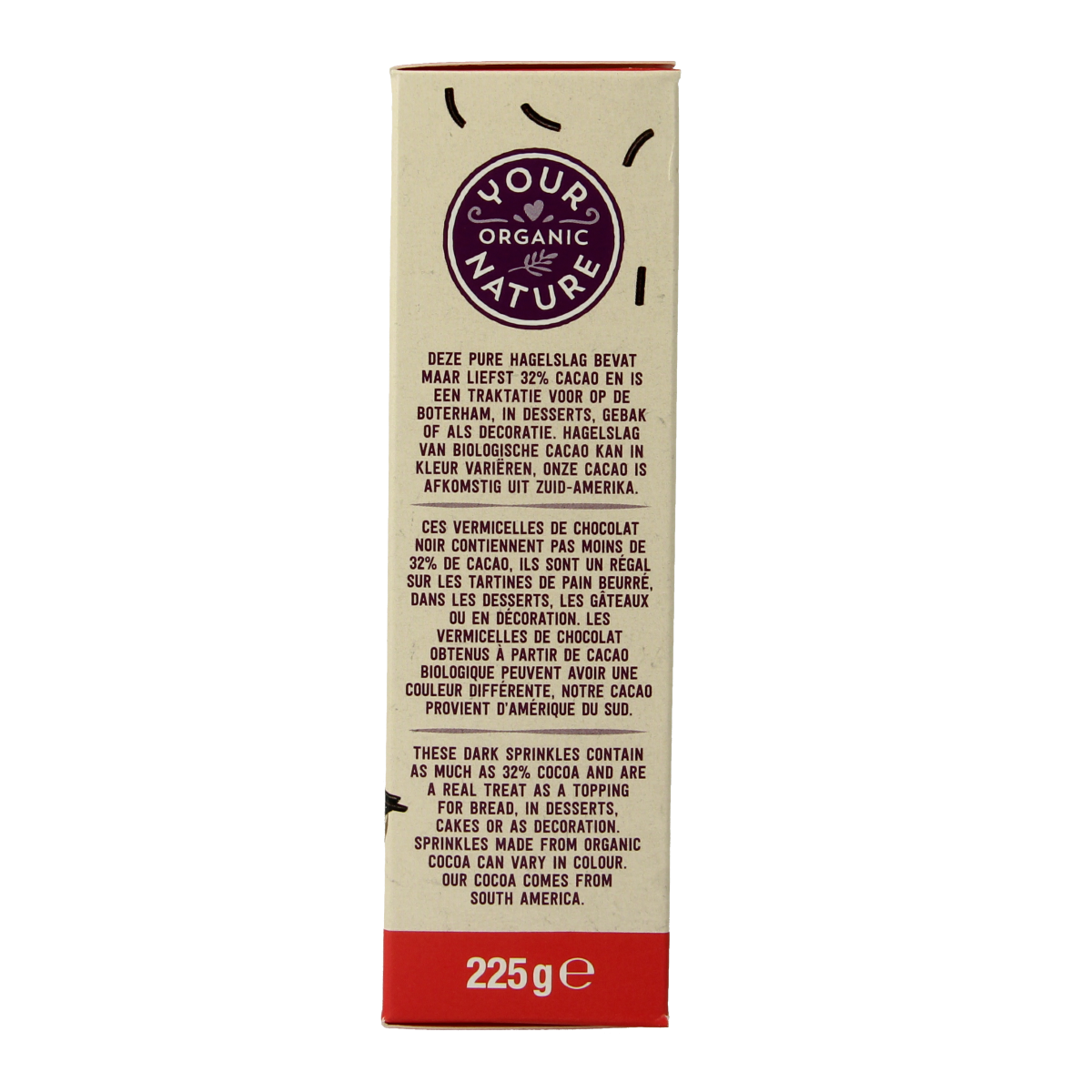 Organic dark chocolate sprinkles for bread from Your Organic Nature, 225g broodbeleg, ideal for spreading on toast or baked goods.