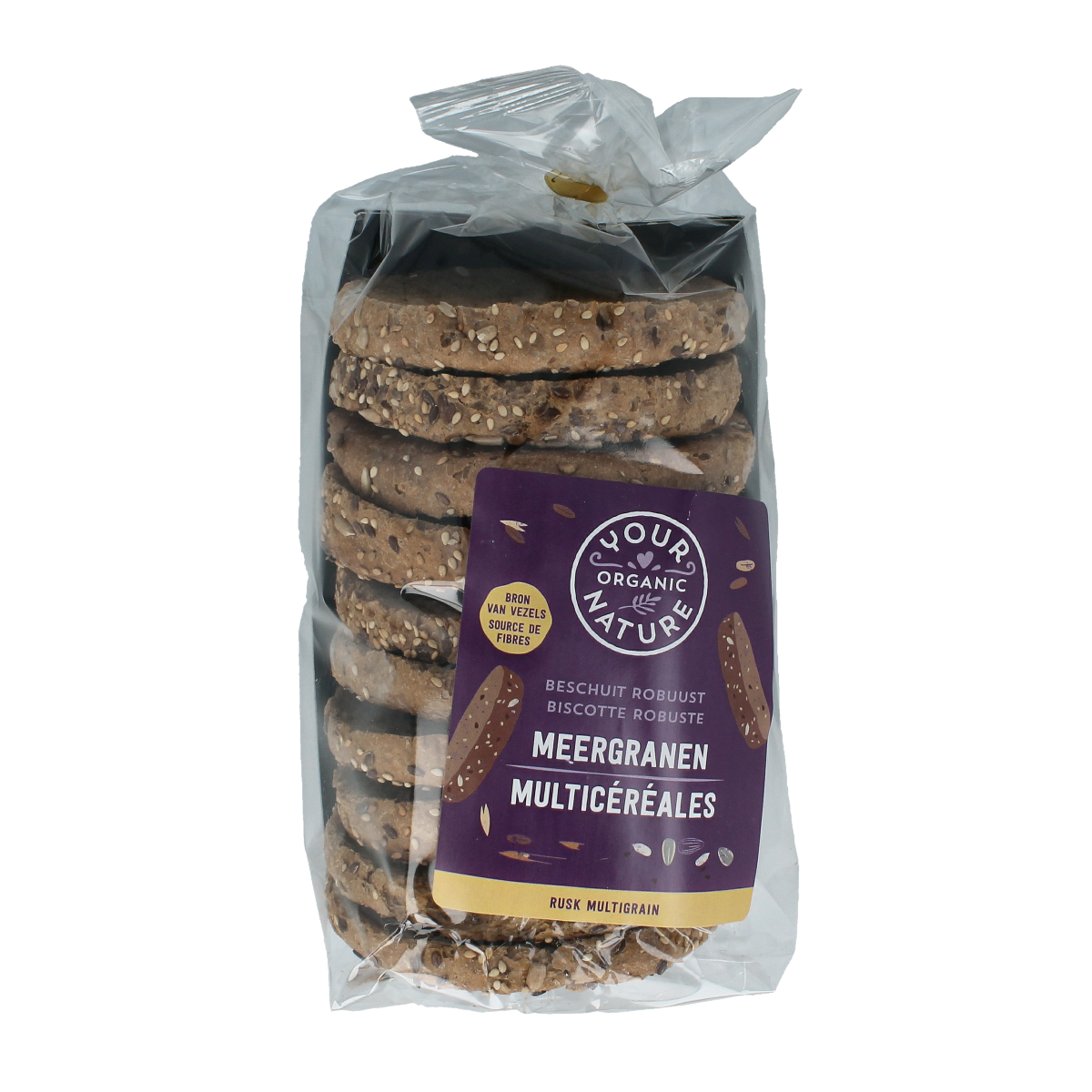 Organic Nature Beschuit meergranen bio crackers stacked on a white surface, showcasing their round shape and crispy texture.