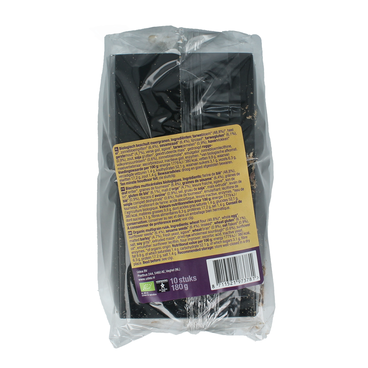 Your Organic Nature Beschuit meergranen bio, a pack of 10 organic multigrain crackers, shown with crisp, textured surface.