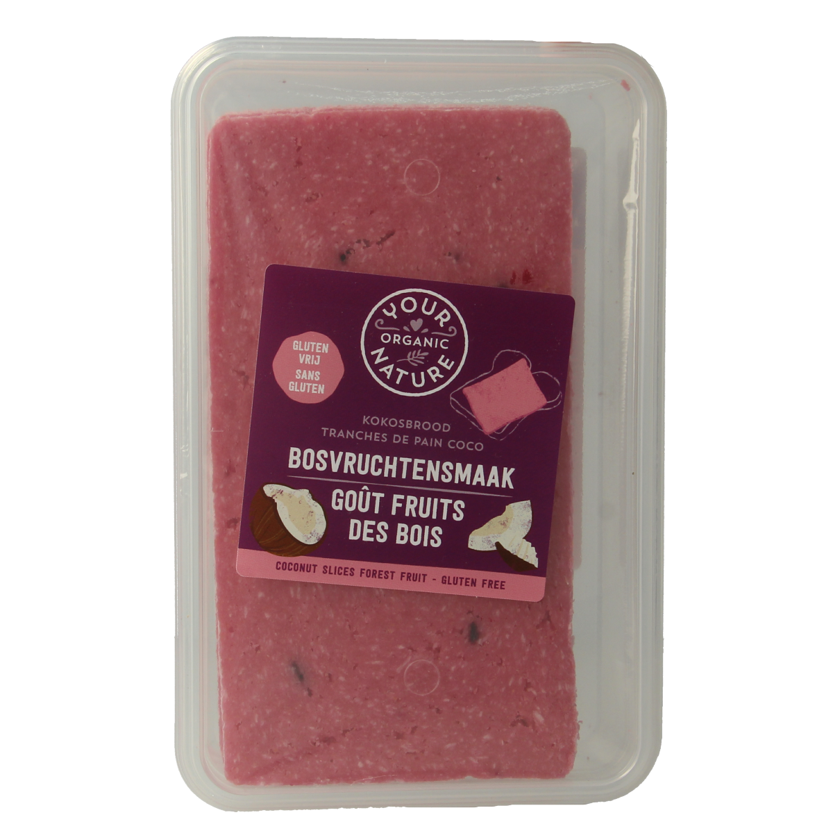Your Organic Nature Kokosbrood bosvruchten bio broodbeleg spread on bread with coconut and forest fruits, 225 grams.