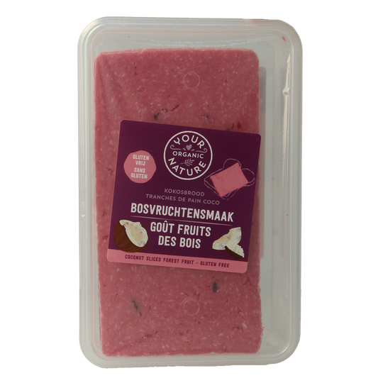 Your Organic Nature Kokosbrood bosvruchten bio broodbeleg spread on bread with coconut and forest fruits, 225 grams.