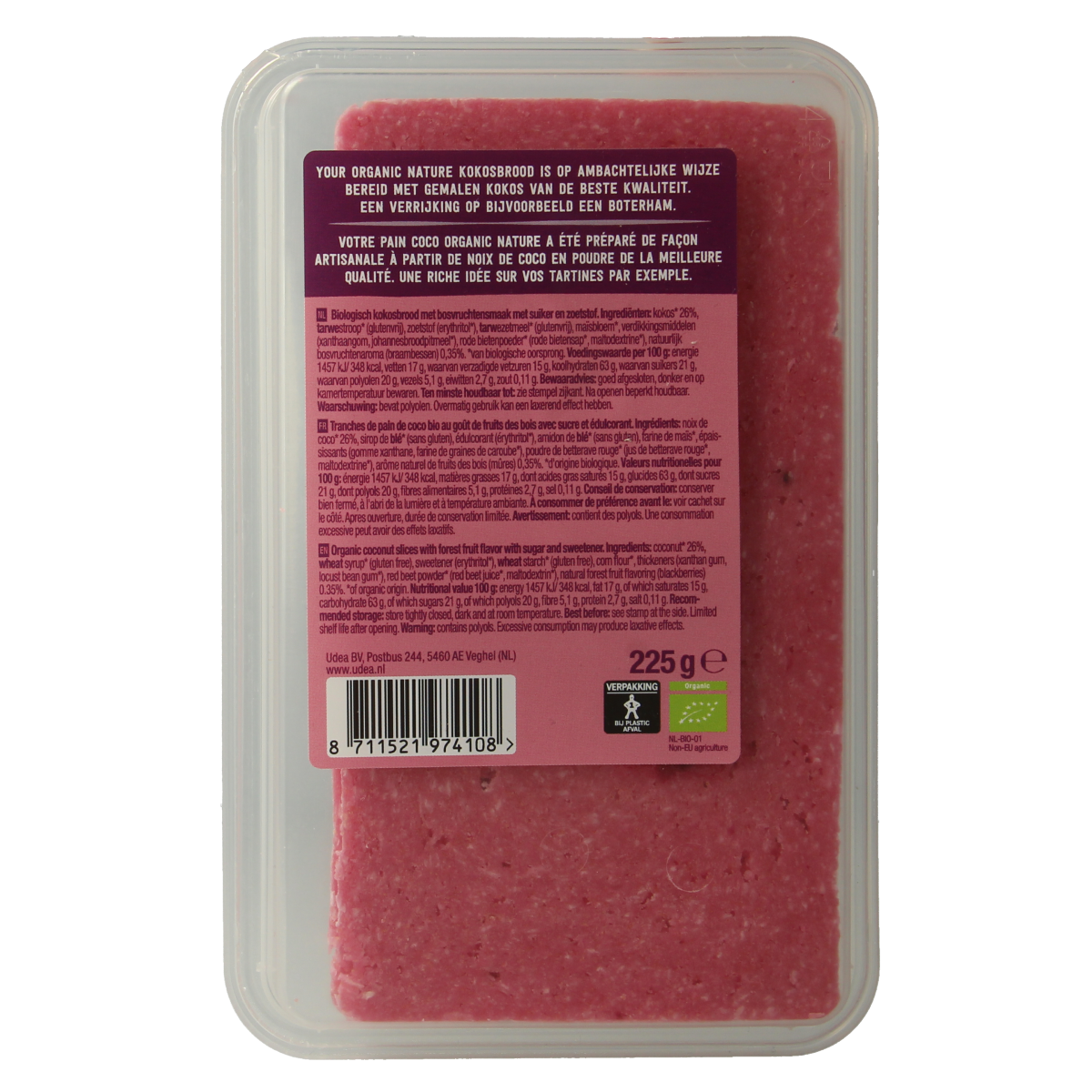 Your Organic Nature Kokosbrood with bosvruchten bio spread on whole grain bread, showing coconut and berry ingredients.