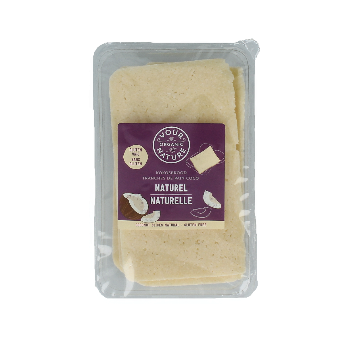 Sliced organic coconut bread spread by Your Organic Nature on a plate, showcasing the natural, textured bio coconut flavor.
