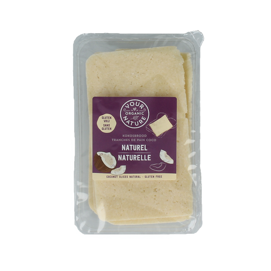 Sliced organic coconut bread spread by Your Organic Nature on a plate, showcasing the natural, textured bio coconut flavor.