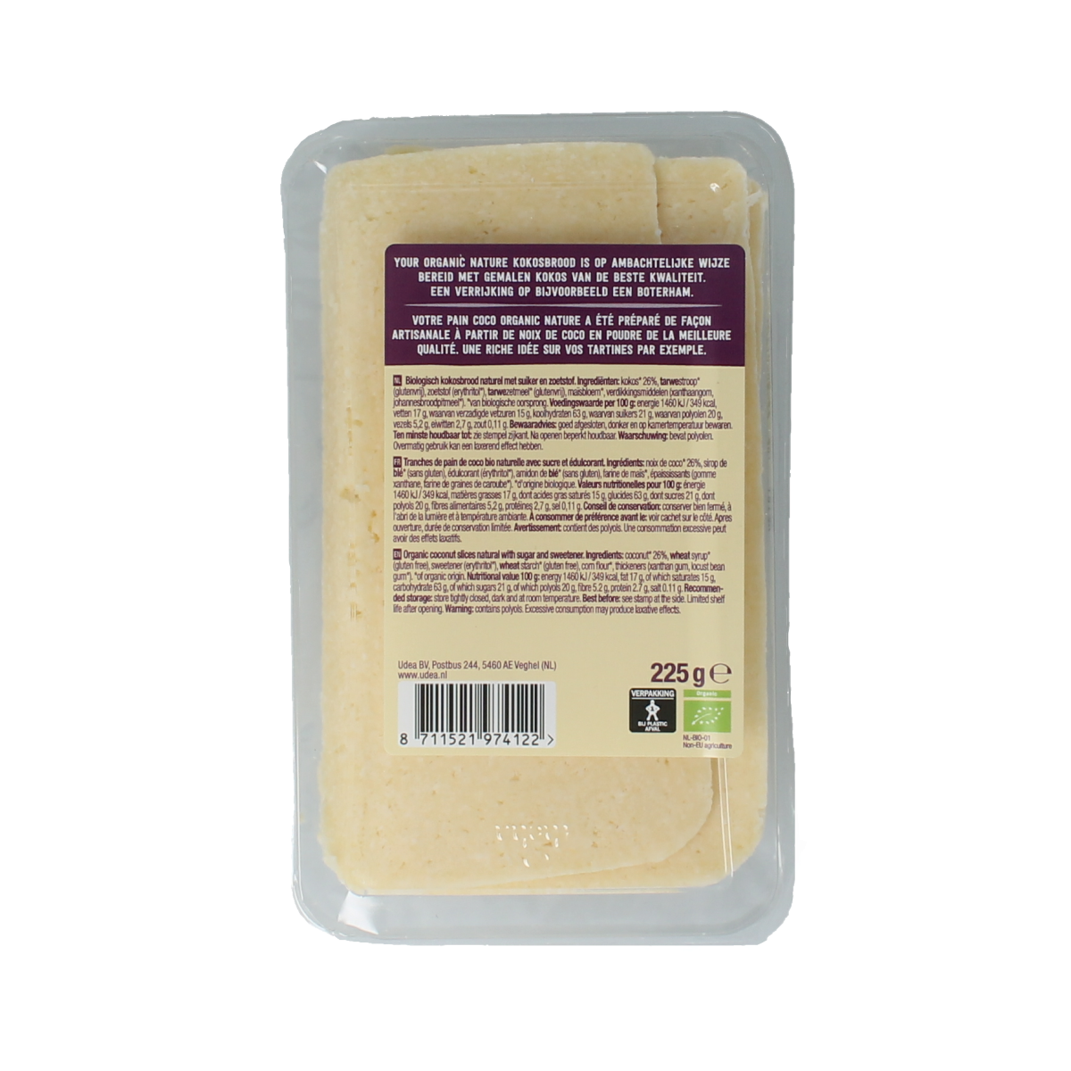 Organic Your Organic Nature Kokosbrood natural bio spread on bread, showing textured coconut flavor in a 225g jar.