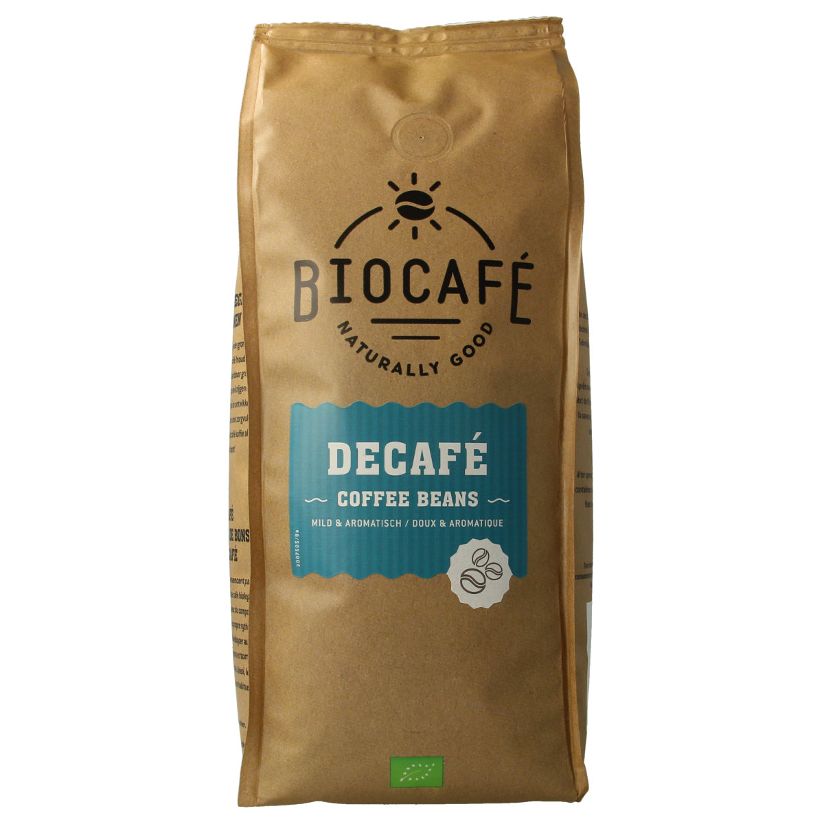 Organic decaf coffee beans by Biocafe, 500 grams, showcasing fresh, whole coffee beans in a natural setting.