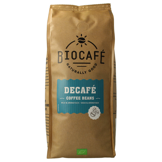 Organic decaf coffee beans by Biocafe, 500 grams, showcasing fresh, whole coffee beans in a natural setting.