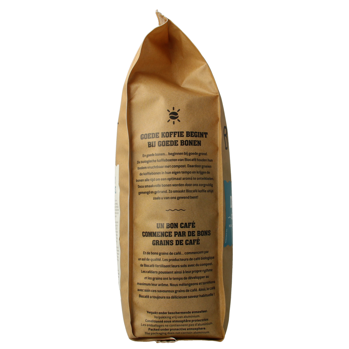 Organic decaffeinated coffee beans from Biocafe, 500g bag of fresh, aromatic coffee for brewing.