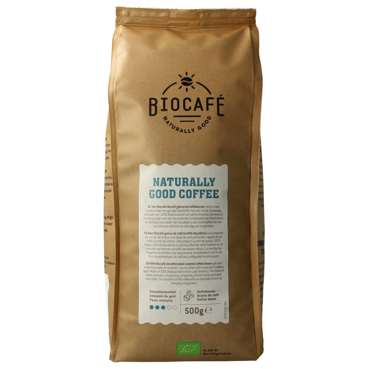 Biocafe decaffeinated organic coffee beans in 500g bag, fresh whole coffee beans for brewing