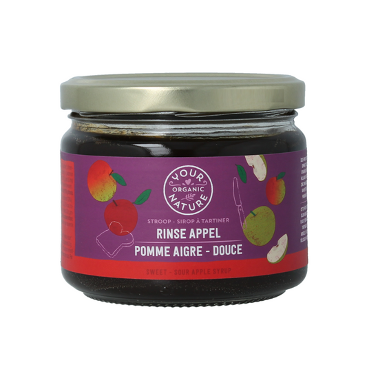 Organic apple-flavored Stroop rinse spread by Your Organic Nature, 330g jar, shown on a wooden surface with a spoon.