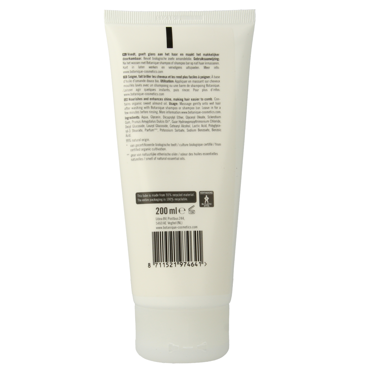 Botanique Amandel Conditioner for hair care, 200ml bottle with white and purple packaging, natural ingredients, and nourishing formula.