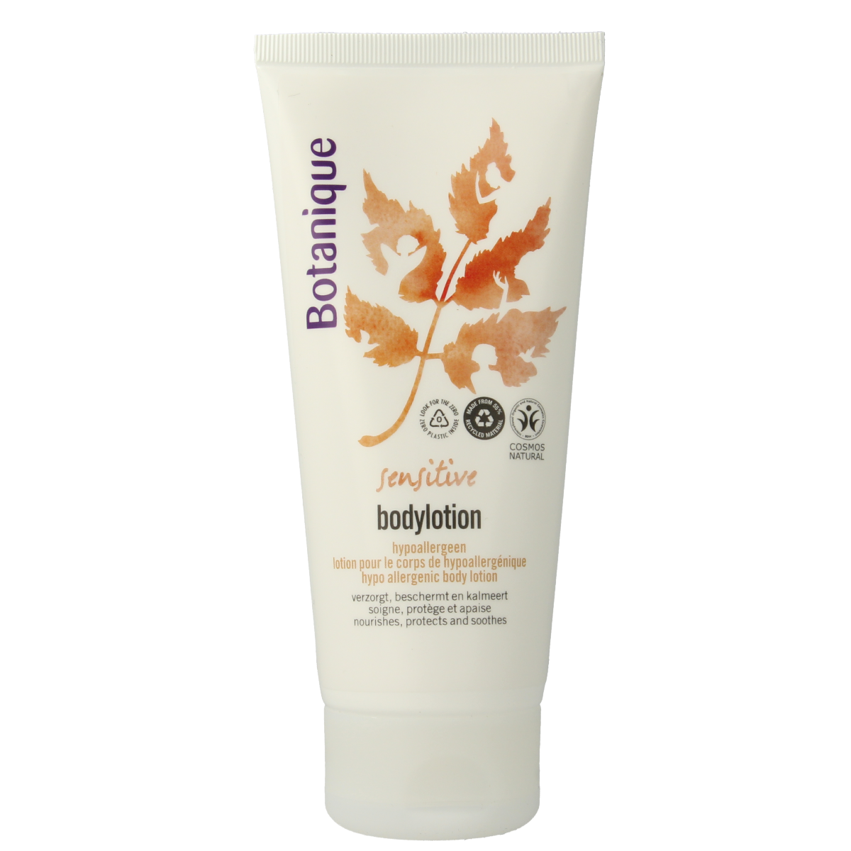Botanique Bodylotion sensitive 200ml bottle showing the label and creamy texture for gentle skin hydration.
