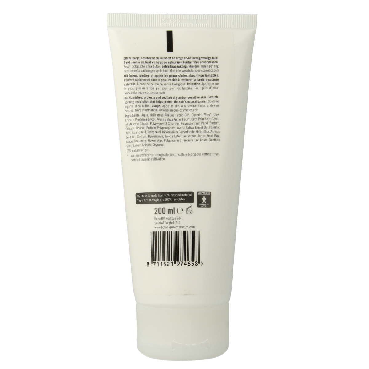 Botanique Bodylotion Sensitive 200ml, gentle skincare product with soft, smooth texture for sensitive skin, shown in a sleek bottle.
