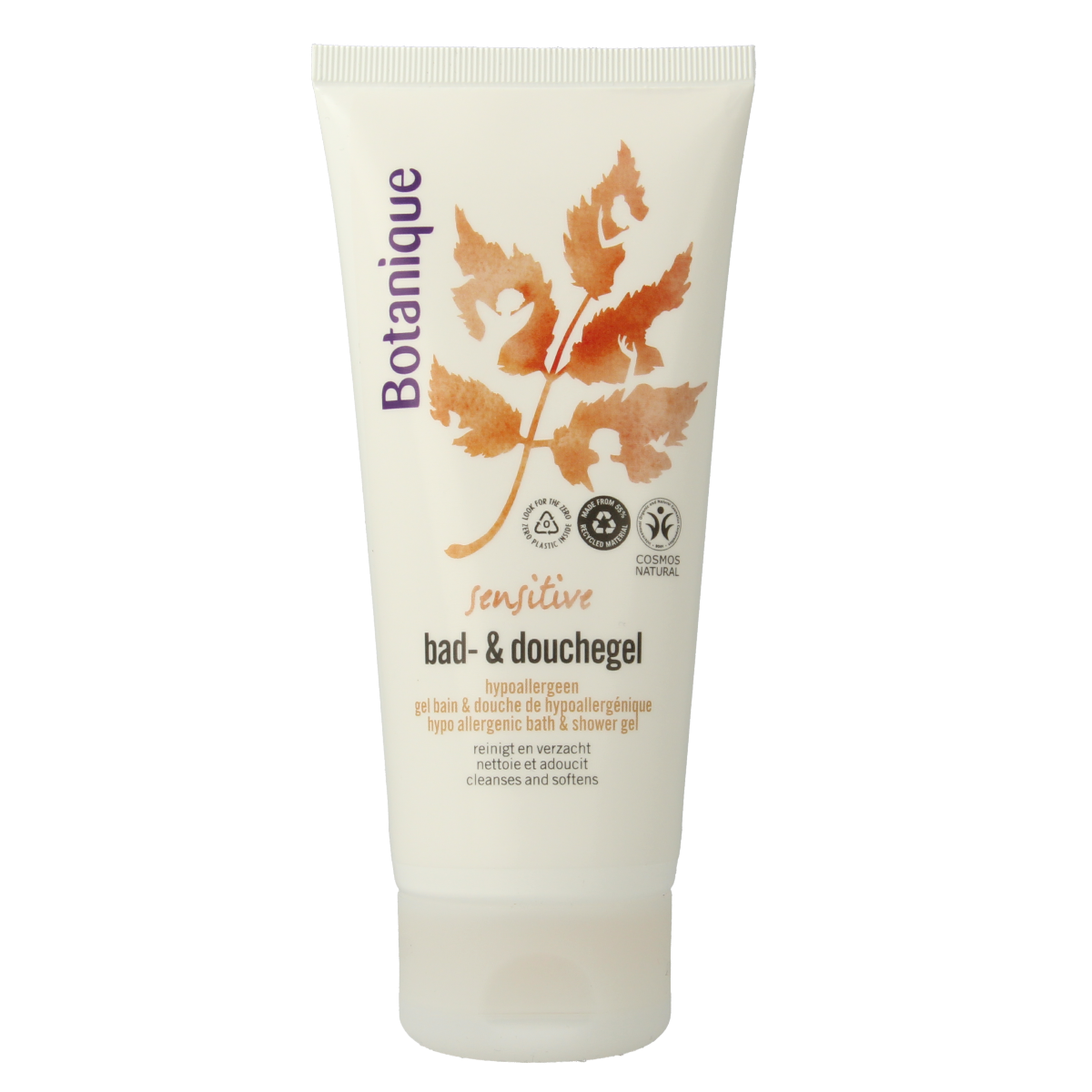 Botanique Bad en Douchegel Sensitive, 200ml, body care gel with gentle formula for sensitive skin, in a clear bottle.