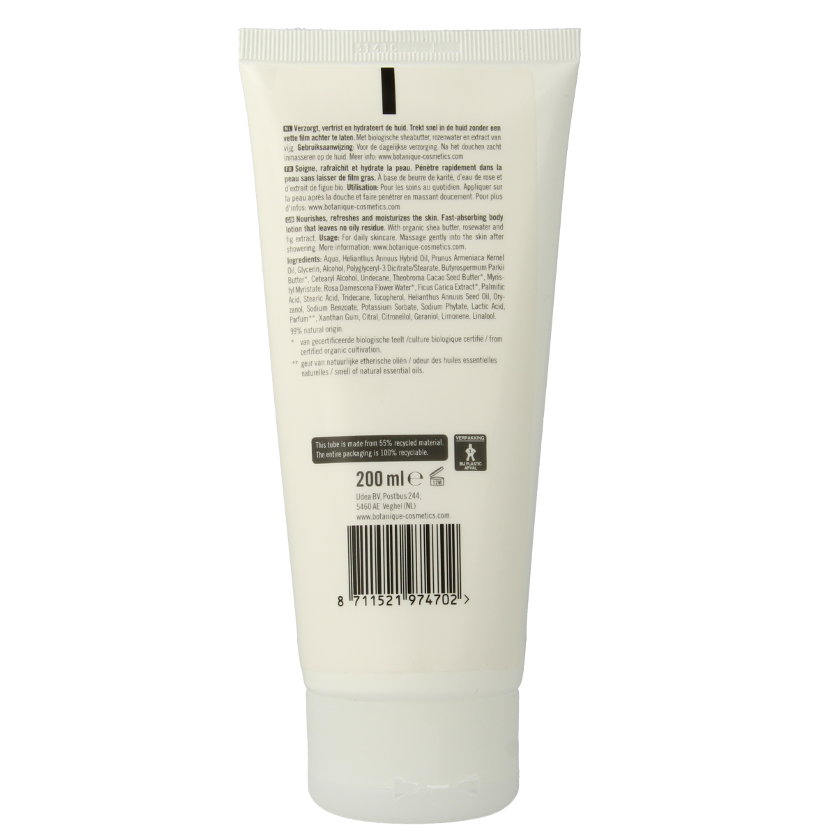 Botanique bodylotion with rose and fig scent, 200ml, natural body care product in a white pump bottle.