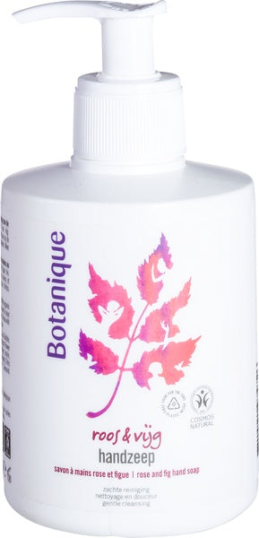 Botanique liquid hand soap with rose and fig scent in a 300ml bottle, featuring a clear pump dispenser and floral design.