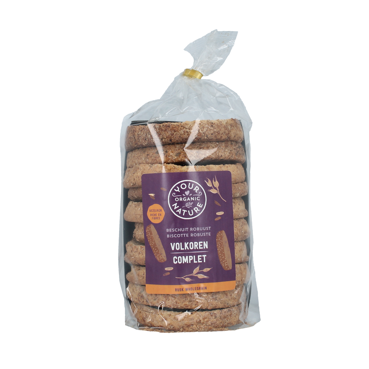 Your Organic Nature volkoren Beschuit bio crackers, 10 pieces, showing round whole grain crispbreads on a neutral background.