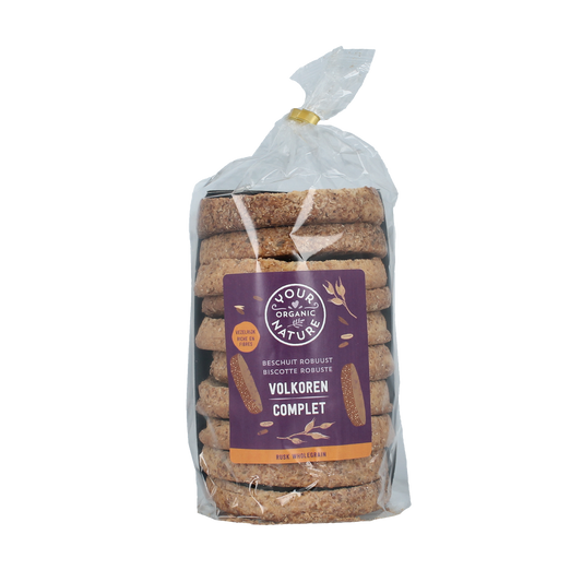Your Organic Nature volkoren Beschuit bio crackers, 10 pieces, showing round whole grain crispbreads on a neutral background.