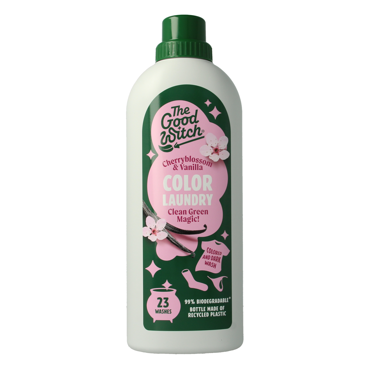 The Good Witch color and black laundry detergent bottle with 1000ml capacity, featuring a black and colorful label.