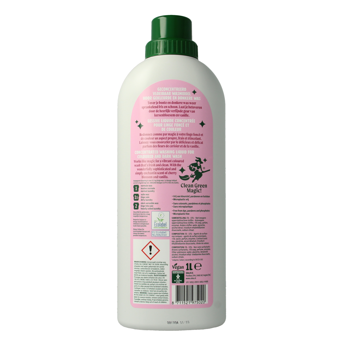The Good Witch color and black laundry detergent bottle, 1000 ml, with label showing brand and product details.