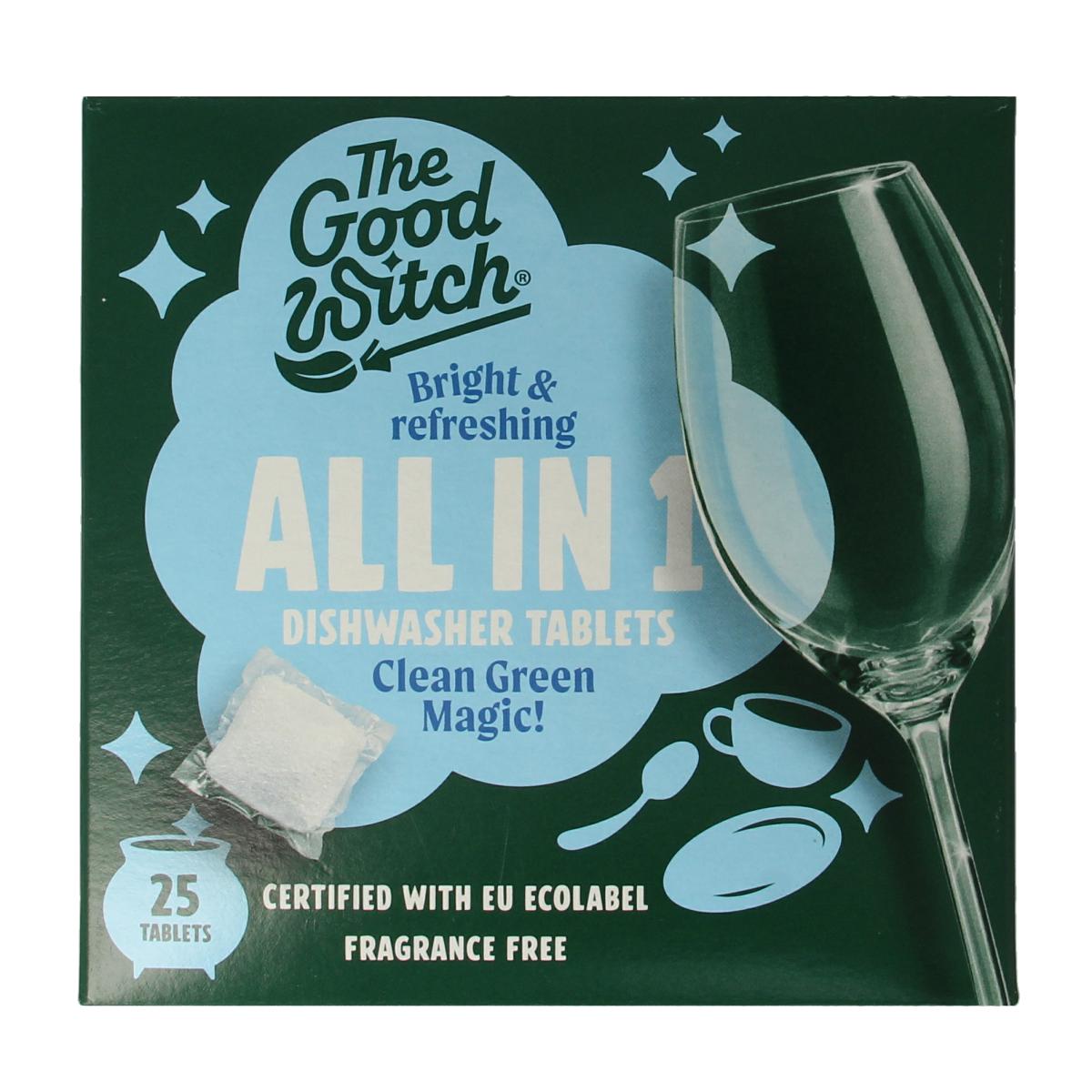 The Good Witch dishwashing tablets, 25-count, for effective cleaning of dishes and cookware