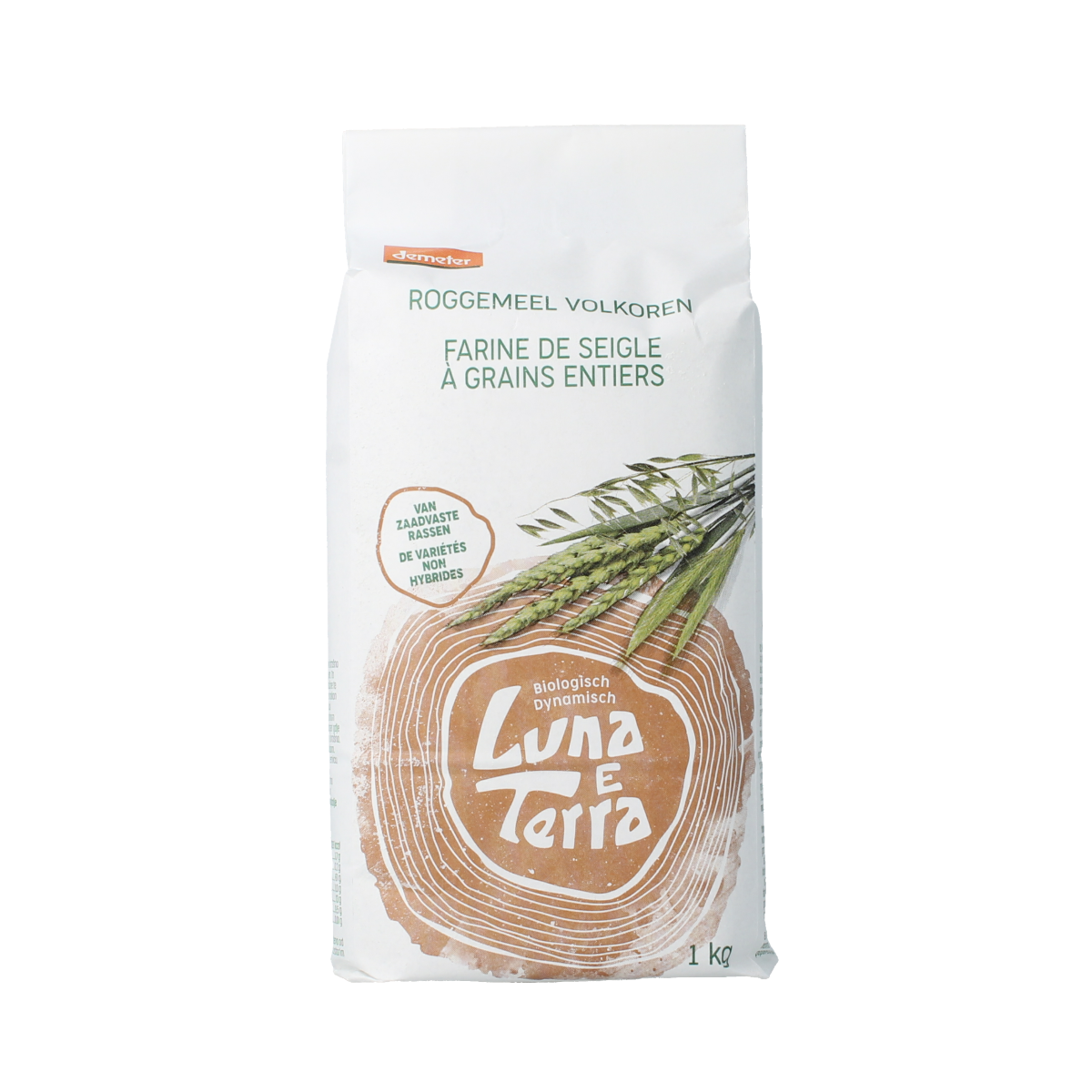Luna E Terra volkoren roggemeel bio in 1 kg bag, natural whole grain flour for baking and cooking.