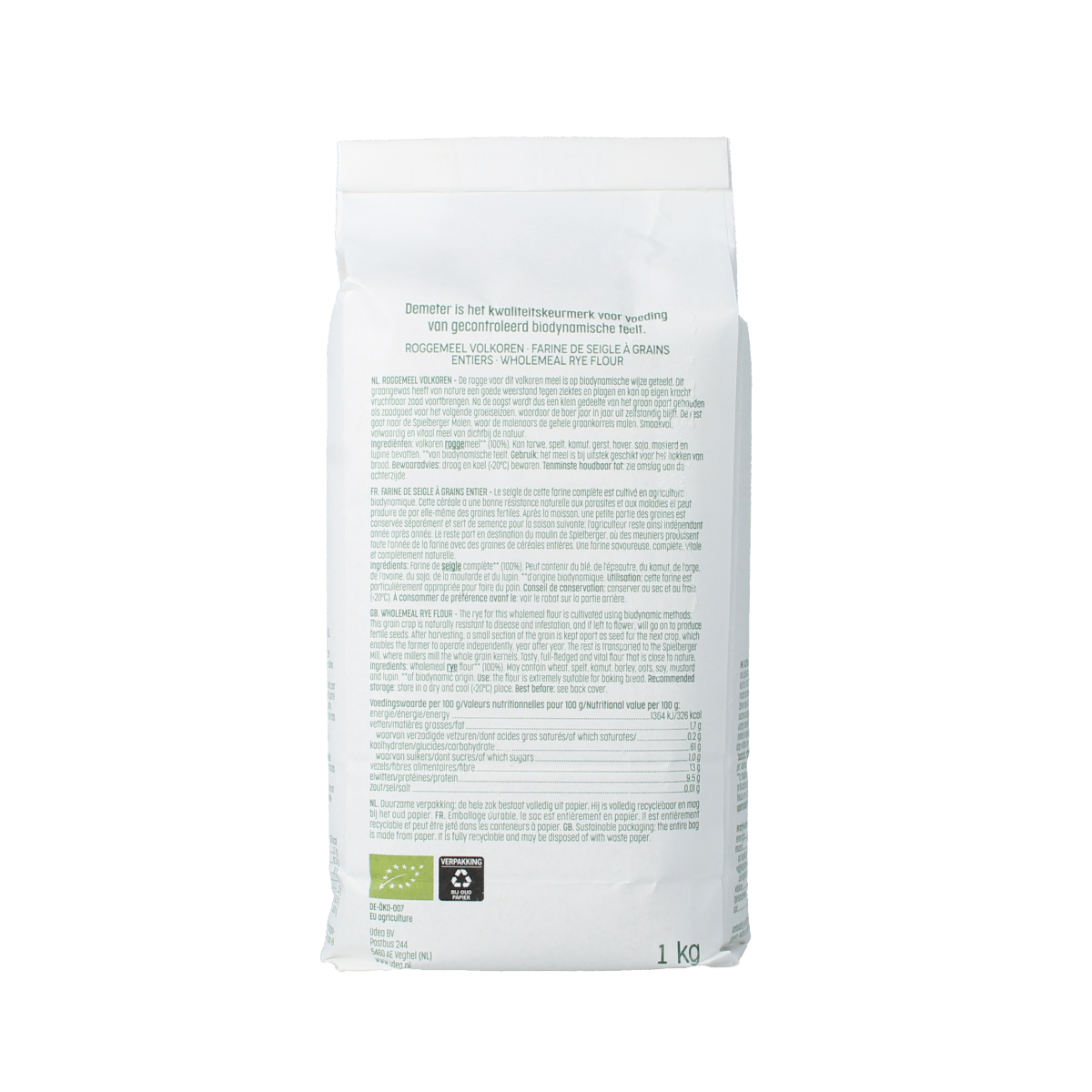 Luna E Terra Roggemeel volkoren bio bakmixen en melen, 1 kg, organic whole wheat flour product.