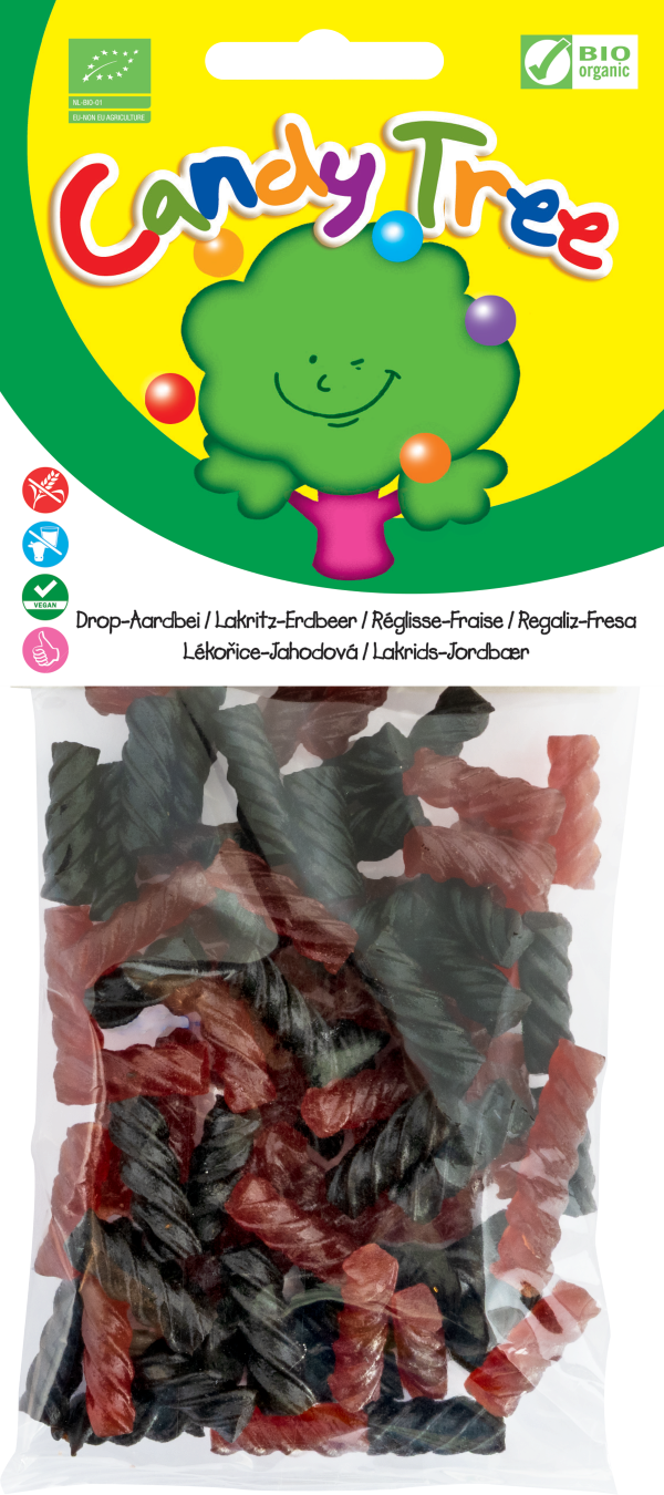 Candy Tree Drop aardbei mix bio, 75g, natural strawberry-flavored snoepgoed with colorful berry-shaped candies.