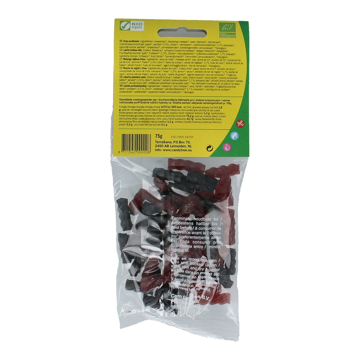 Candy Tree Drop aardbei mix bio, 75g, organic strawberry-flavored candy drops in colorful packaging